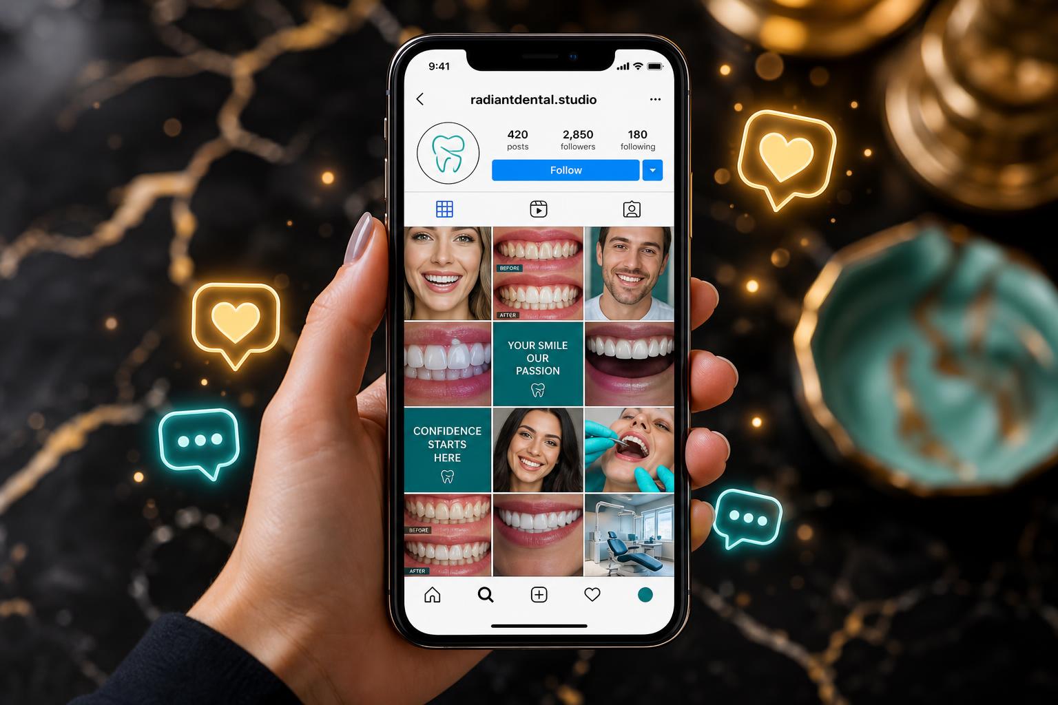 Smartphone showing dental clinic social media feed