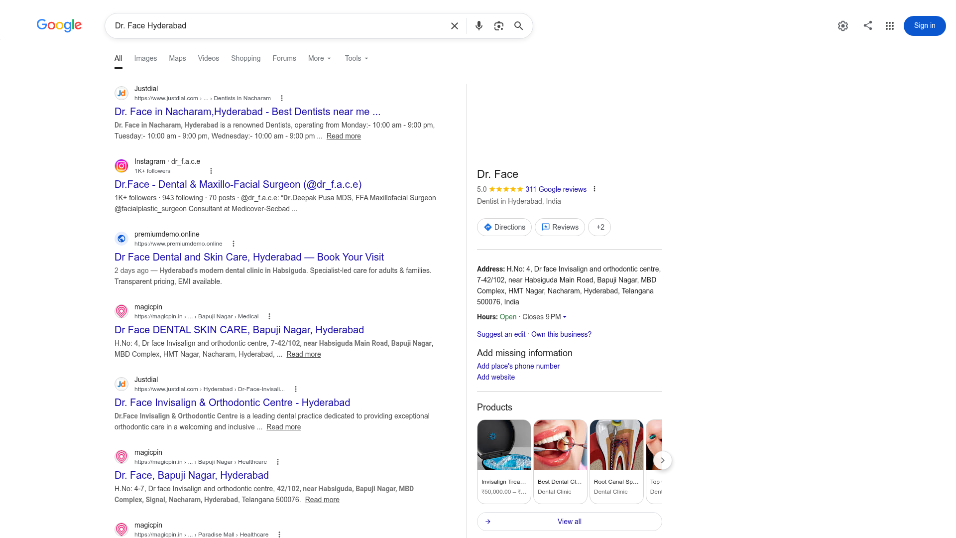 Before: Google search results showing Dr Face clinic had no website
